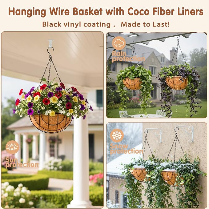 14 inch Metal Hanging Baskets For Plants Outdoor 4 Pack Round Metal Wire - Image 3