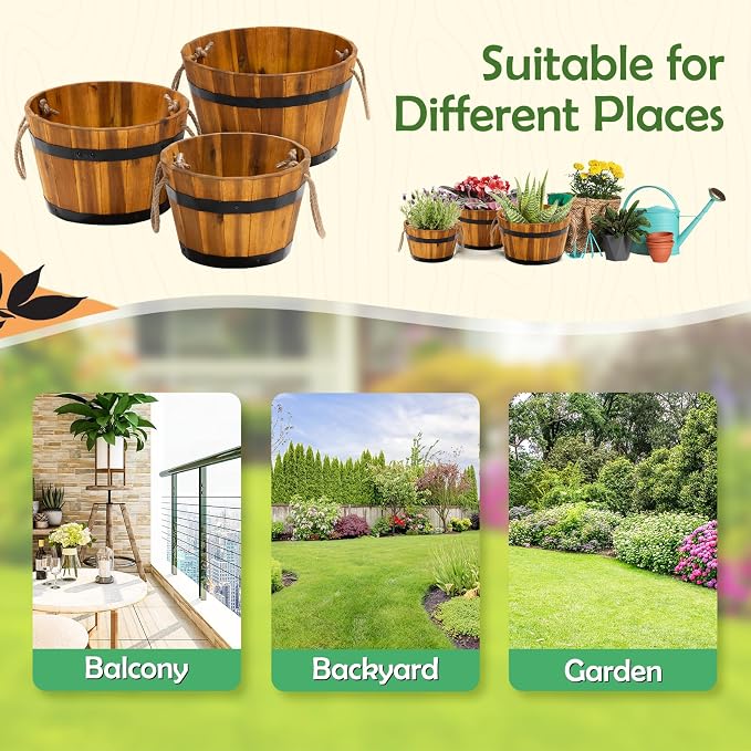Set of 3 Wooden Flower Boxes Outdoor, Durable Acacia Wood Barrel Planters - Image 6