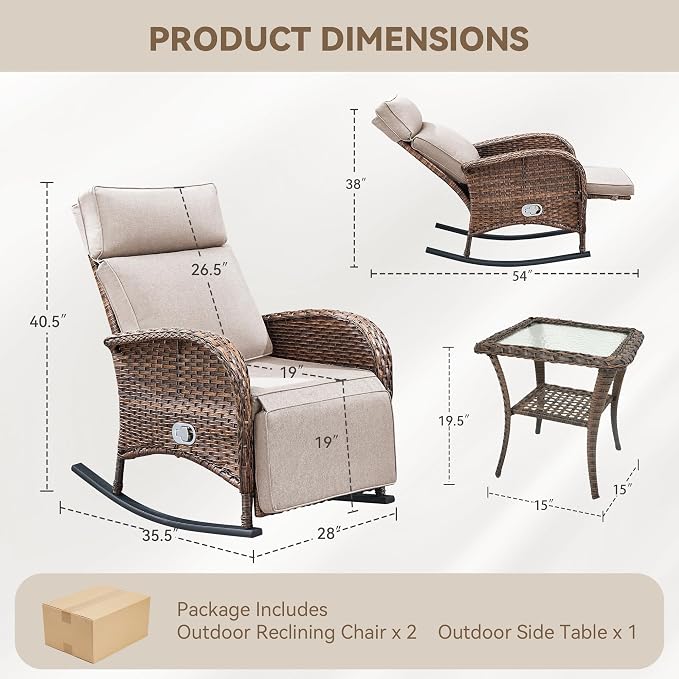 3 Pieces Zero Gravity Wicker Patio Rocking Recliner Chairs Set of 2 - Image 2