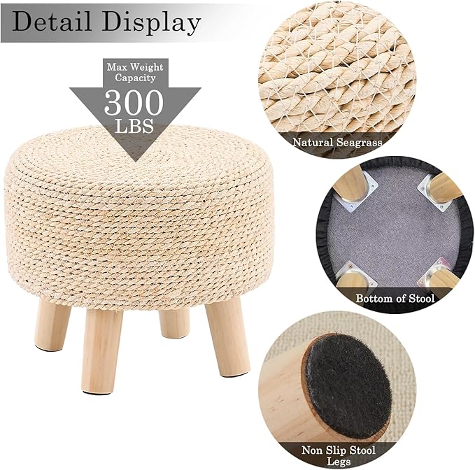 Wimarsbon Round Foot Stool Natural Seagrass Poufs Ottoman Hand Weave Footrest - Image 4