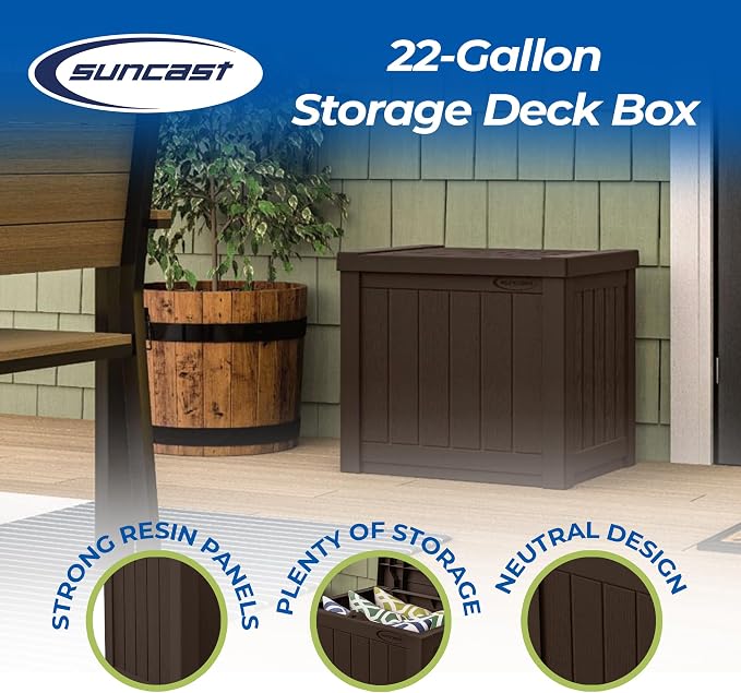 Suncast 17 x 22 Inch Resin 22-Gallon Patio Storage Deck Box, Java Brown - Image 2
