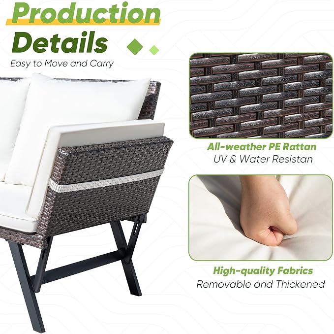 Greesum Outdoor Sofa, Woven Rattan Patio Furniture, Convertible Daybed or - Image 7