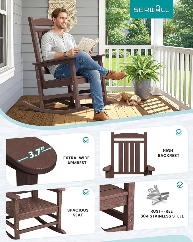 SERWALL HDPE Outdoor Rocking Chair Set of 4, Oversized Patio Rocking Chairs - Image 9