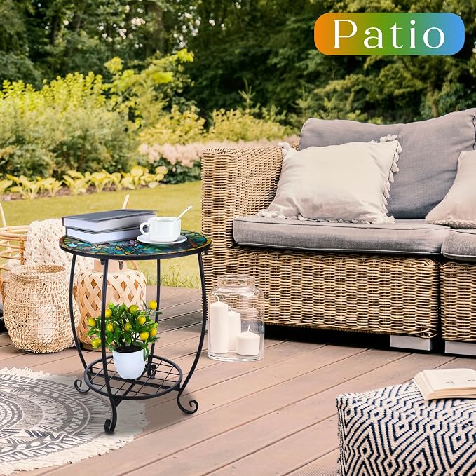 Outdoor Side Table Round Small Mosaic Patio Accent Indoor End Plant Coffee Tea - Image 2