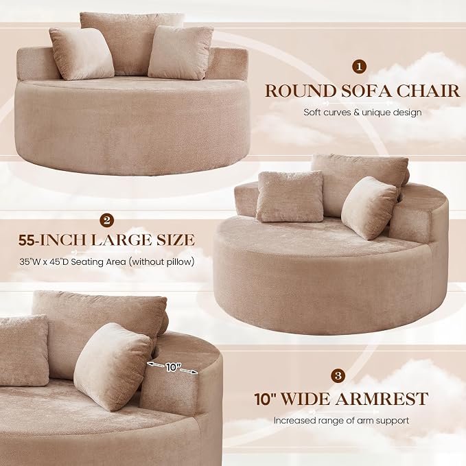 Antetek Oversized Round Chaise Longue Chair Indoor, Modern 55-inch Upholstered - Image 5