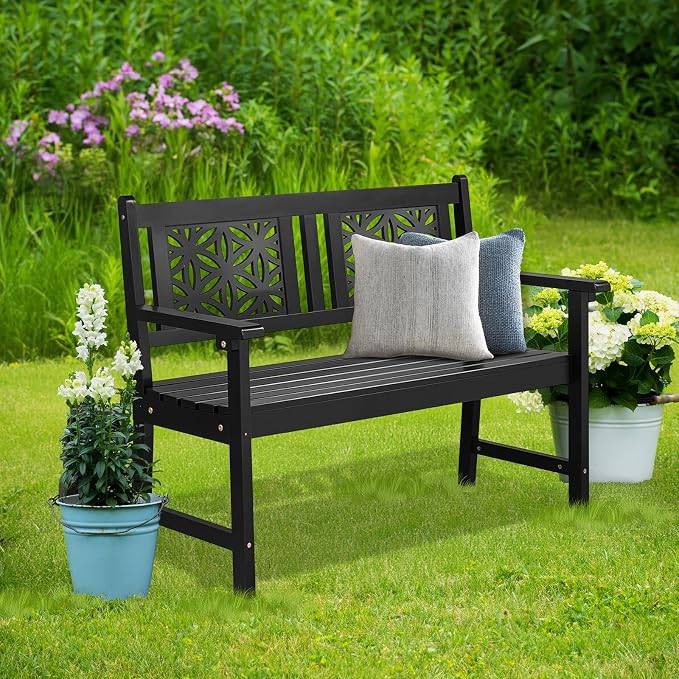 VINGLI 47" Outdoor Wood Bench, All Weather Outdoor Wooden Patio Garden Bench - Image 2
