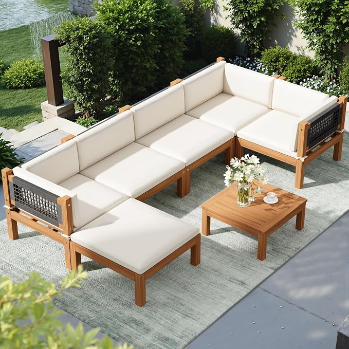 Devoko 7 Piece Acacia Wood Patio Sofa, Outdoor Sectional Coach and Love Seat - Image 2
