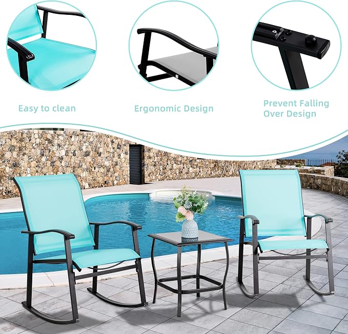 Vongrasig 3 Piece Outdoor Rocking Bistro Set, Textilene Fabric Small Patio - Image 3