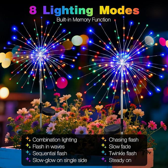 btfarm 2 Pack Solar Garden Lights Outdoor 8 Modes, 120 LED Firework Lights - Image 2