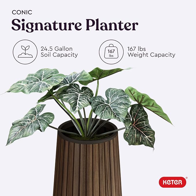 Keter Signature Conic 23.8 Inch Tall Round Large Wood Look Planter - Image 10