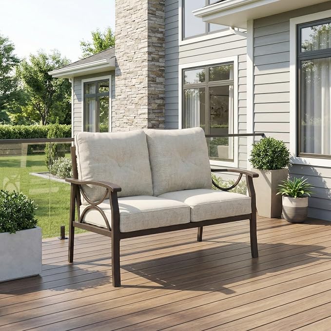 RoyalCraft Patio Loveseat, All-Weather Outdoor 2 Seats Sofa Couch, Khaki Metal - Image 6