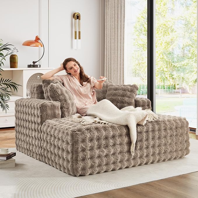 56" W Oversized Chaise Lounge Chair Indoor, Plush Faux Fur Sleeper Couch Sofa - Image 5