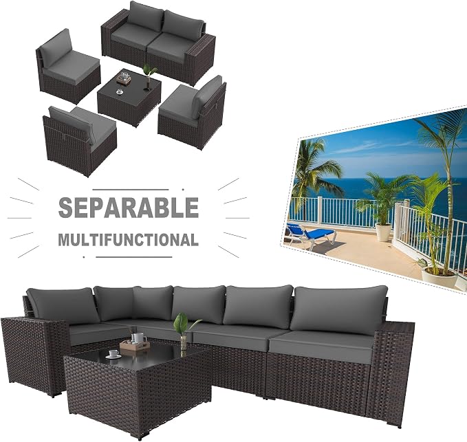 Kullavik Outdoor Patio Furniture Set 6 Pieces Sectional Rattan Sofa Set Brown - Image 6