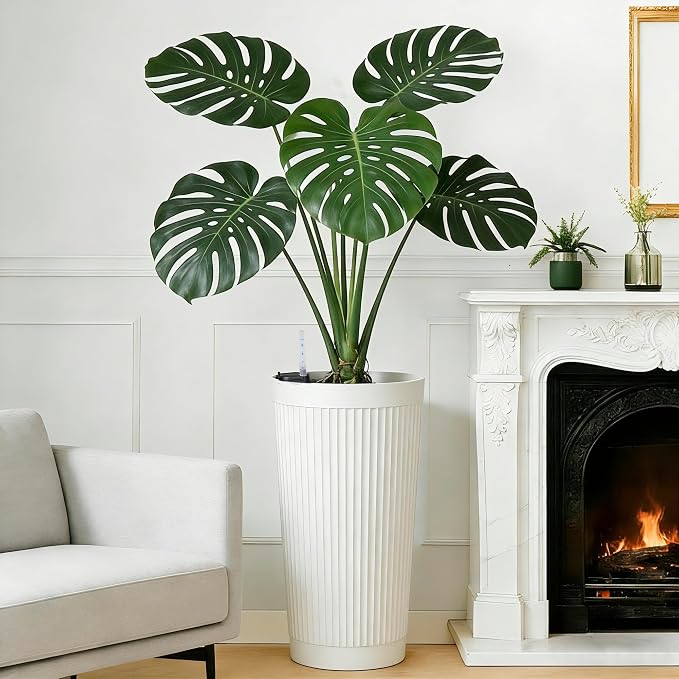 24” Tall Outdoor Planters Set of 2, Self Watering Flower Pots White Planters - Image 9