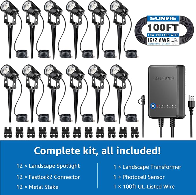 SUNVIE All-in-One LED Low Voltage Landscape Lighting Kit, 3000K Waterproof Low - Image 2