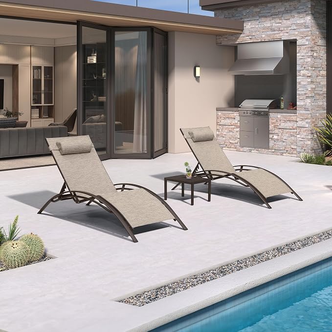 PURPLE LEAF Outdoor Oversized Chaise Lounge Chair Set of 3 Patio Pool Lounger by PURPLELEAF