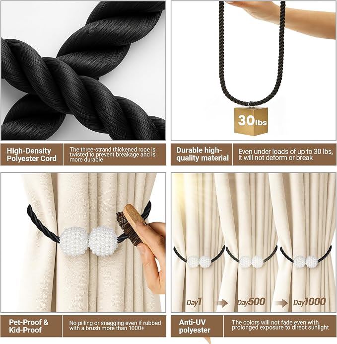 Hion Magnetic Curtain Tiebacks Black 2pcs, Curtain Tiebacks Buckles Holdbacks - Image 4