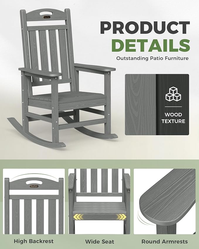 Oversized Rocking Chair Outdoor, High Back Porch Rocker Chair, HDPE All Weather - Image 6
