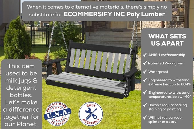 Mission Poly Lumber Wood 5FT Porch Swing Amish Craftsmandship Made in USA HDPE - Image 3