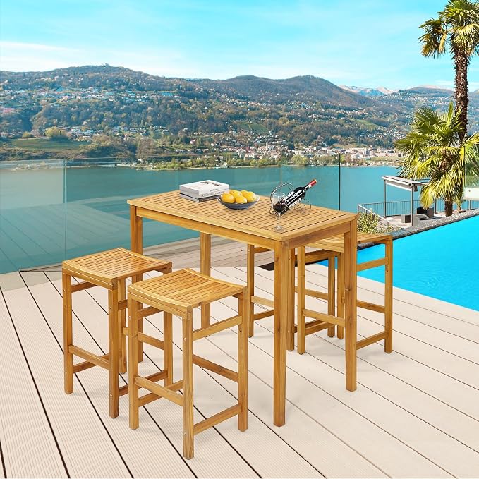 Tangkula 5 Piece Outdoor Acacia Wood Bar Table Set, Space-Saving Patio Dining - Image 2