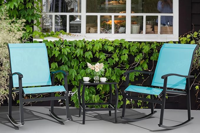 Vongrasig 3 Piece Outdoor Rocking Bistro Set, Textilene Fabric Small Patio - Image 8