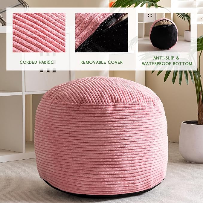 HIGOGOGO Round Stuffed Pouf Ottoman, Corduroy Poufs - Image 3