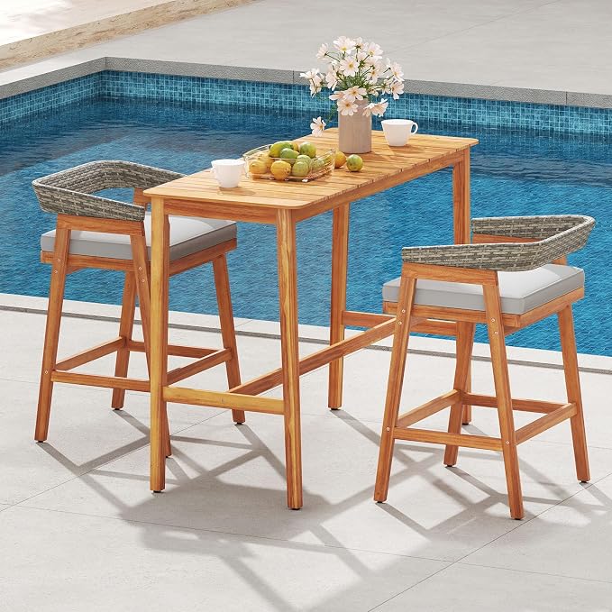 Tangkula Patio Bar Table, 54” x 22” Acacia Wood Counter Height Table - Image 4