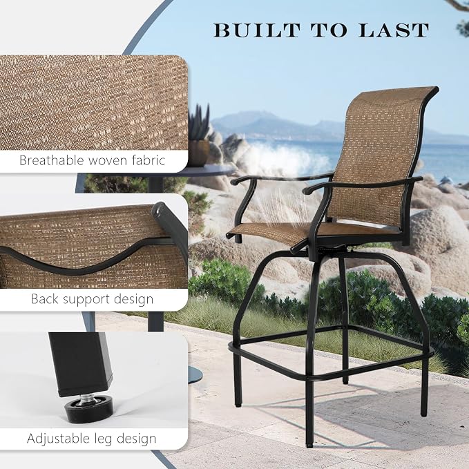LEVELEVE Patio Bar Set 2pcs Swivel Bar Stools Outdoor Bistro Textilene - Image 5