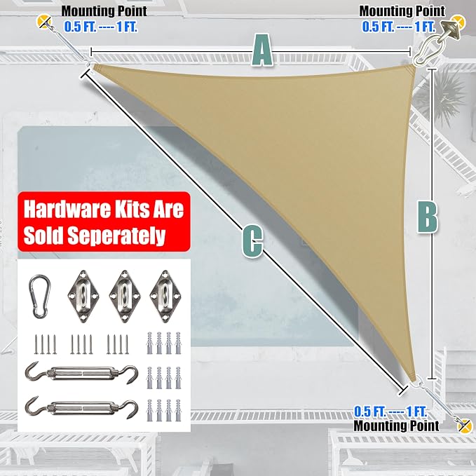 Amgo 20' x 20' x 28.3' Beige Right Triangle Sun Shade Sail UPF50+ Canopy Awning - Image 7