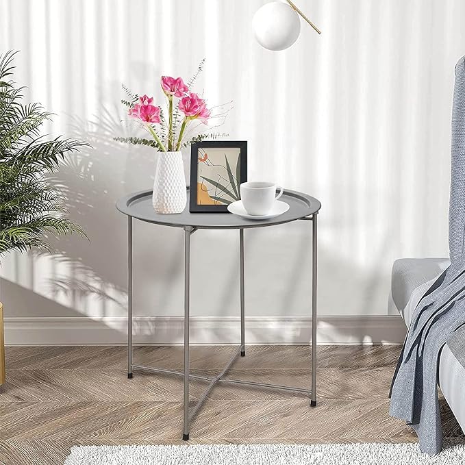 Garden 4 you Folding Tray Metal Side Table 2PC Grey Round End Table Cyan Sofa - Image 5