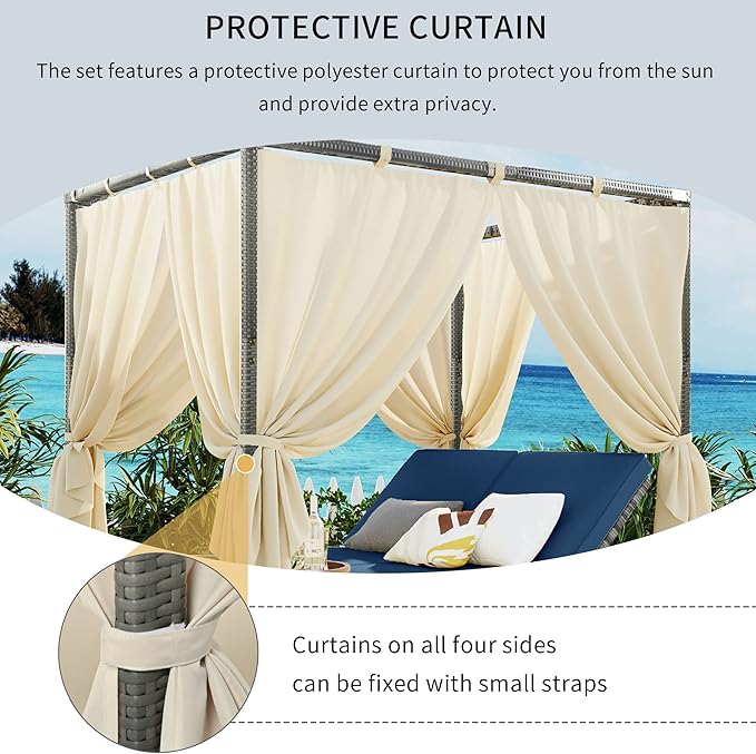Patio Chaise Lounge, Four-sided Canopy, Overhead Curtain and Blue Cushions - Image 3
