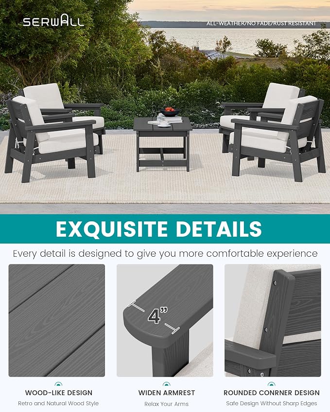 SERWALL Outdoor Patio Furniture Set, 5 Piece HDPE Patio Conversation Sets - Image 4