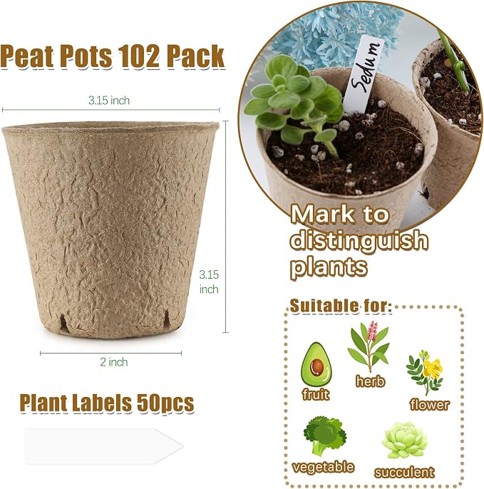 Peat Pots, 102 Pack 3.15 Inch Biodegradable Planting Peat Pots - Image 6