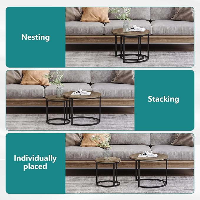 Smuxee Nesting Coffee Table Set of 2, 23.6" Round Coffee Table Wood Grain Top - Image 5