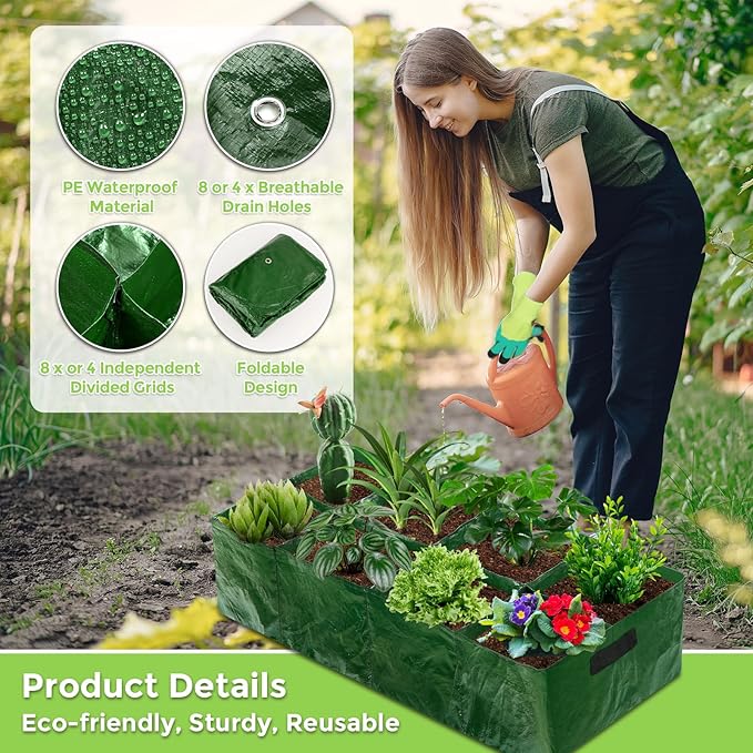 Fabric Raised Garden Bed, 2 Pack 8 Grids and 4 Grids, 128 Gallon Rectangle Grow - Image 2