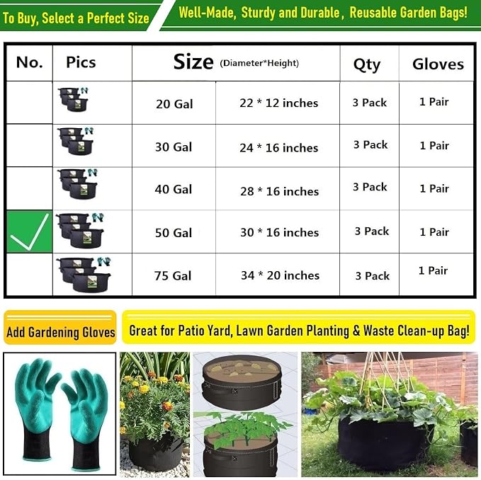 3-Pack 50 Gallon Thickened Plant Grow Bags Large Heavy Duty Fabric Plant Pots - Image 8