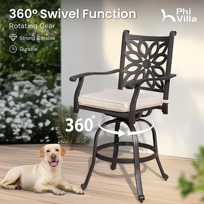 PHI VILLA Outdoor Swivel Bar Stools Set of 2, Cast Aluminum High Top Pub Height - Image 2