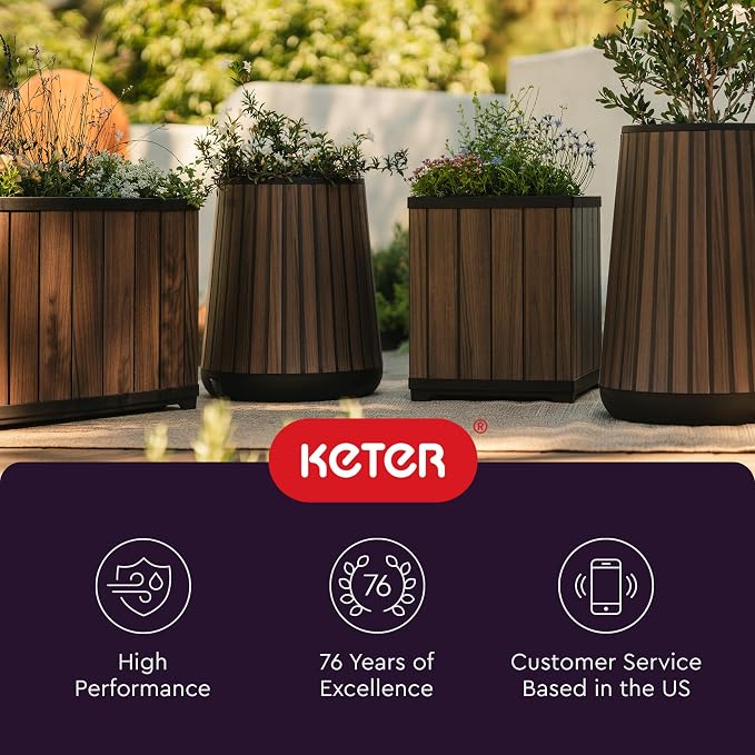 Keter Signature Conic 23.8 Inch Tall Round Large Wood Look Planter - Image 12