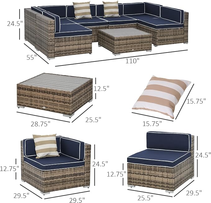 Outsunny 7 Piece Patio Furniture Set, Wicker Outdoor Sectional Sofa Set - Image 7