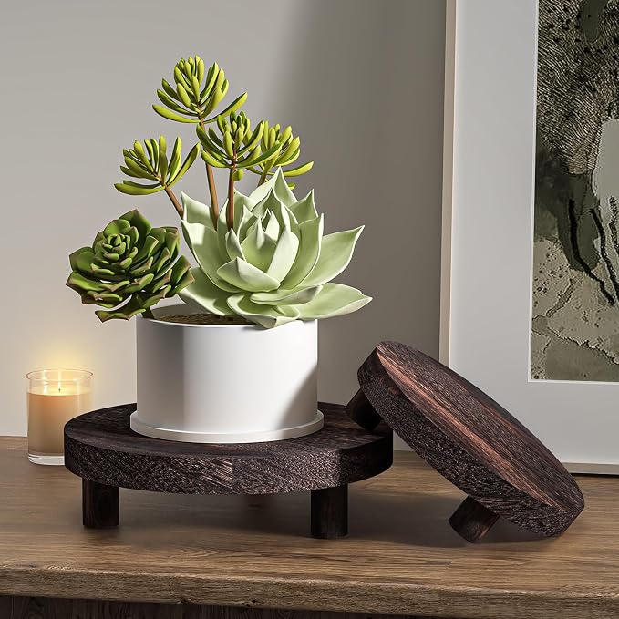 3 Pcs Wood Plant Stand Indoor Outdoor, Round Wood Riser - Image 2