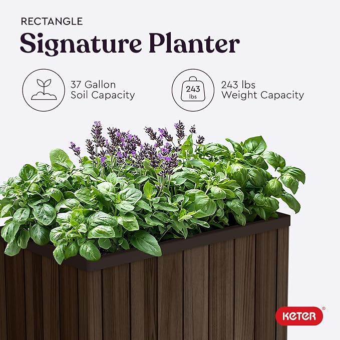 Keter Signature 21.7 Inch Tall Rectangular Large Wood Look Planter - Image 10