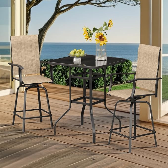 3-Piece Patio Bar Set with Textilene Swivel Bar Stools, All-Weather Bar Height - Image 2