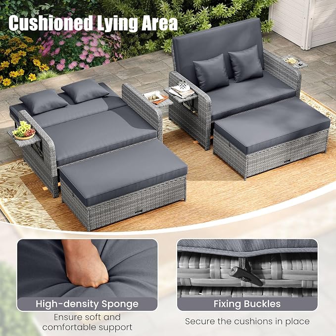 LDAILY Moccha Outdoor Daybed, Wicker Loveseat Sofa Set - Image 4
