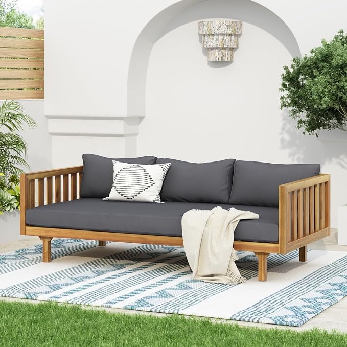 Merax Solid Acacia Wood Couch Chaise Lounge Chair Indoor, 3 Seater Daybed Sofa - Image 9