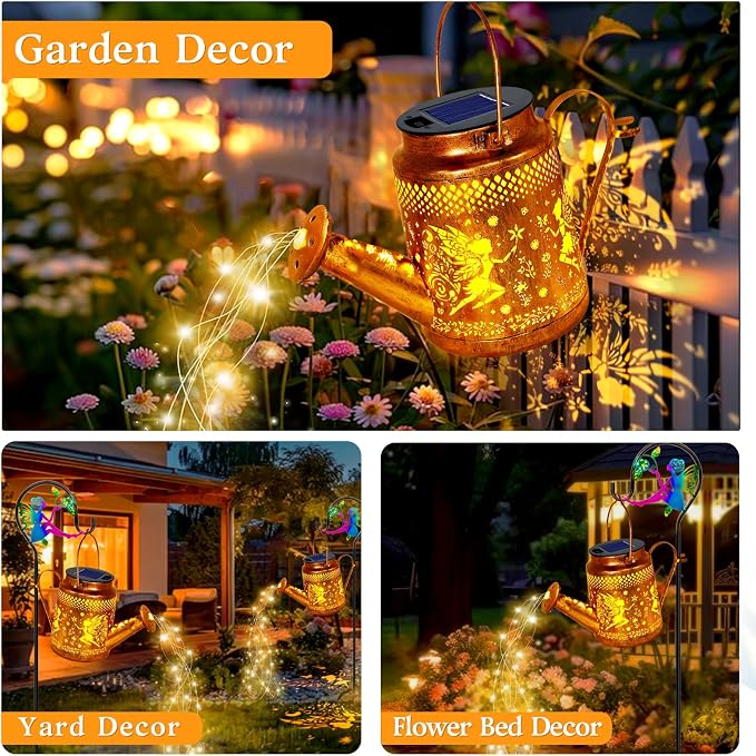 Solar Lanterns Outdoor Waterproof, Metal Watering Can Garden Decor, Fairy - Image 5