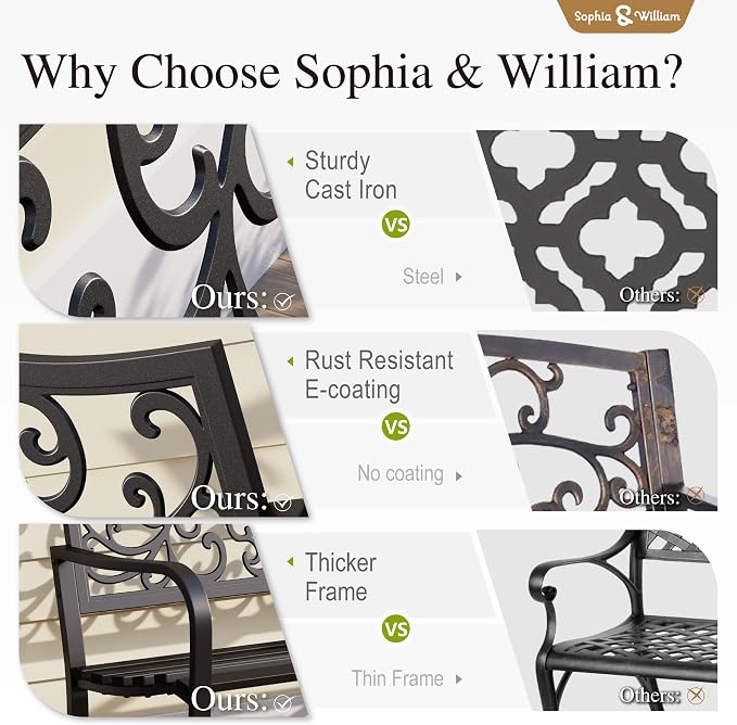 Sophia & William Outdoor Bench, Metal Garden Bench, Cast Iron Park Benches - Image 6