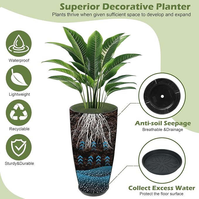 24-21-11 Inch Tall Planters Set of 3, Indoor Outdoor Blue Glossy Round Planter - Image 4