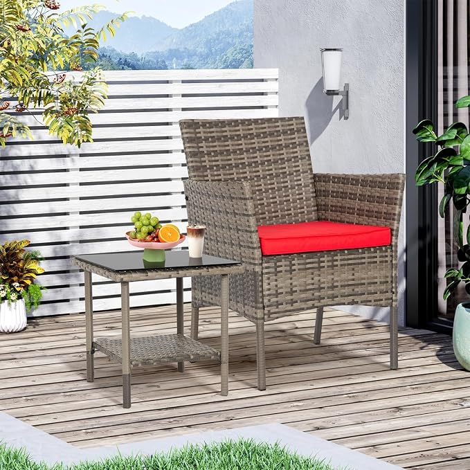 FDW 3 Piece Outdoor Furniture Set Patio Gray Wicker Chairs Furniture Bistro - Image 5