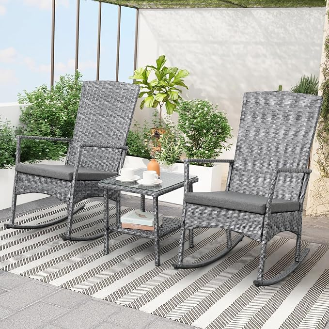 Outdoor Rocking Chair 3 Pieces High-Backed Rocking Chair Patio Rocking Chairs by Unknown