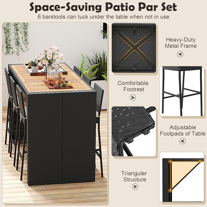 7 Piece Patio Wicker Bar Set, Rattan Bar Stools Set - Image 5
